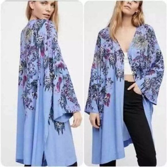 Intimately Free People Don’t Know Rain Blue Floral Open Front Kimono Size XS/S - Picture 2 of 5